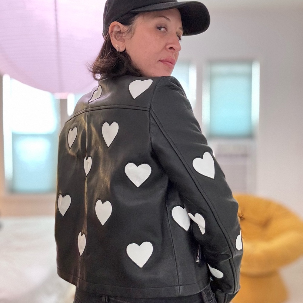 Maje Black Leather Jacket with White Heart Accents - Picture 2 of 6